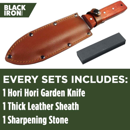 Hori Hori Garden Knife [7 Inches, Japanese Stainless Steel] Durable Gardening Tool for Weeding, Digging, Cutting & Planting with Leather Sheath and Sharpening Stone