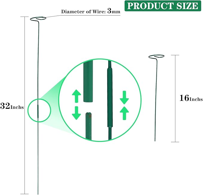12 Pack Plant Stakes,Plant Support Stakes for Two Sizes(16 or 32 Inches),Plant Stakes for Outdoor Plants,Garden Flower,Tomato(Green)