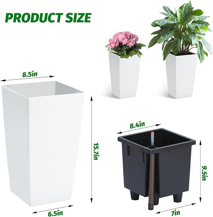 GarveeLife 16 in Tall Planters Set of 2, Outdoor＆Indoor Black Planter Pots, High Front Porch Planter Pots with Drainage Holes＆Water Level Monitor＆Inner Bucket, Automatic Watering,White