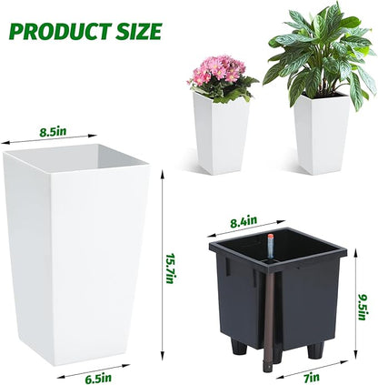 GarveeLife 16 in Tall Planters Set of 2, Outdoor＆Indoor Black Planter Pots, High Front Porch Planter Pots with Drainage Holes＆Water Level Monitor＆Inner Bucket, Automatic Watering,White