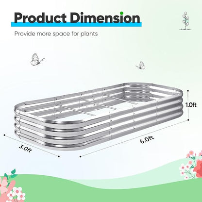 Quictent Galvanized Raised Garden Bed Kit, 6x3x1ft Oval Large Metal Outdoor Planting Box, Ground Planter Strengthened by Crossbar, Silver