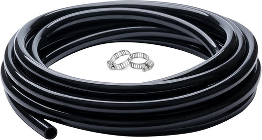 1/4" id - 25ft Black Vinyl Tubing Flexible PVC Tube Hybrid Hose Transfer Water Fuel Gas for Pond Fountain Garden Waterfall, Durable and Safe, with 2 Hose Clamps