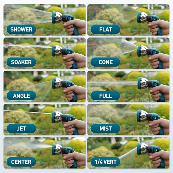 Garden Hose Nozzle, Hose Sprayer Nozzle with 10 Spray Patterns, Thumb Control On Off Valve, High Pressure Metal Water Hose Nozzle for Car Wash, Plants, Pets & Outdoor Cleaning, Blue