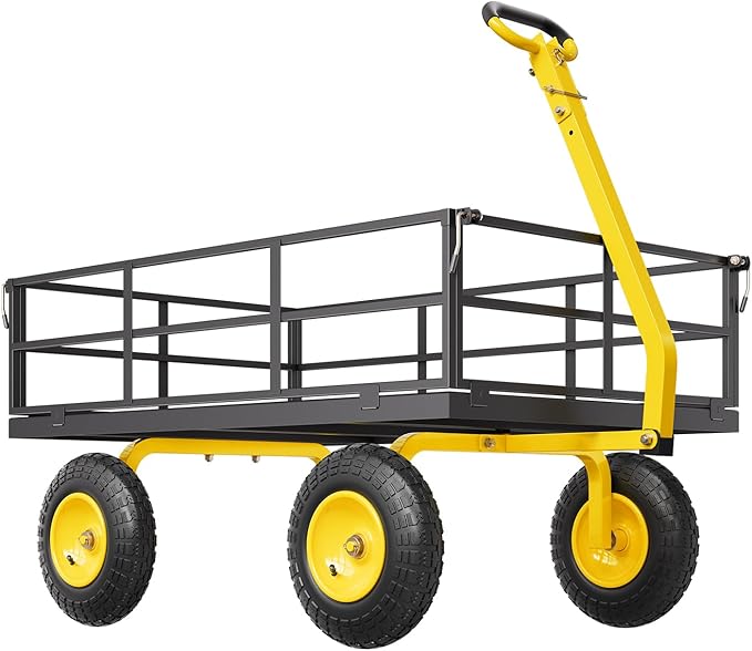 VEVOR 1200 Lbs Steel Garden Cart, Heavy Duty Pullable Garden Wagon Yard Cart, 2 in 1 Outdoor Metal Utility Wagon Yard Trailer with 13" All Terrain Tires, Mesh Removable Sides and 180°Rotating Handle