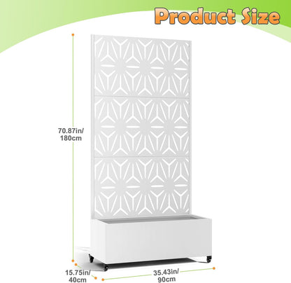 Metal Raised Garden Bed with Trellis, 2-in-1 Planter Box & Privacy Screen for Climbing Plants, Outdoor Standing Flower Bed with Drainage Holes, 35.4" L x 15.7" W x 70.1" H, White-Star