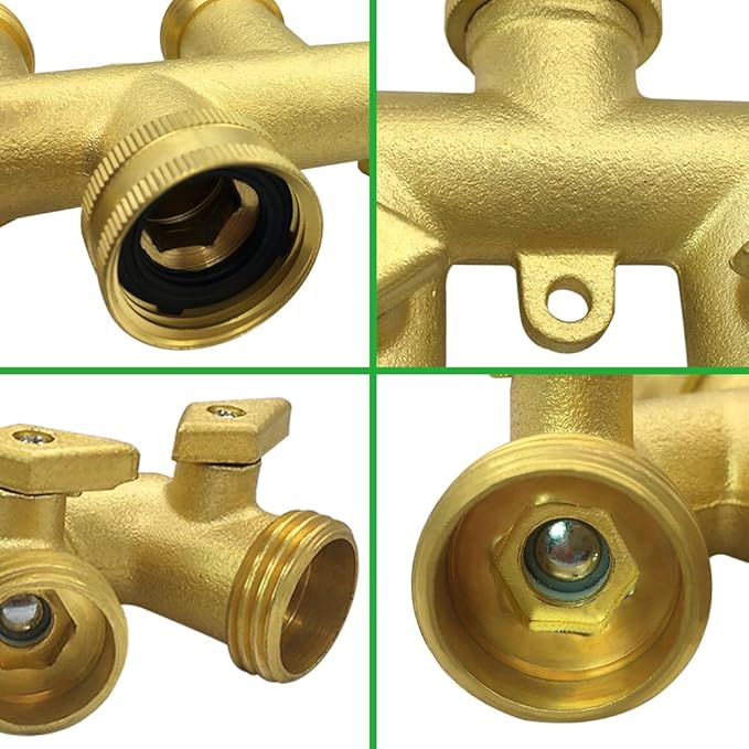 Hooshing Brass Garden Hose Splitter 4 Way 3/4" GHT Hose Connetor Spigot Adapter 4 Valves with Washers