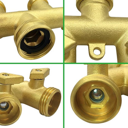 Hooshing Brass Garden Hose Splitter 4 Way 3/4" GHT Hose Connetor Spigot Adapter 4 Valves with Washers