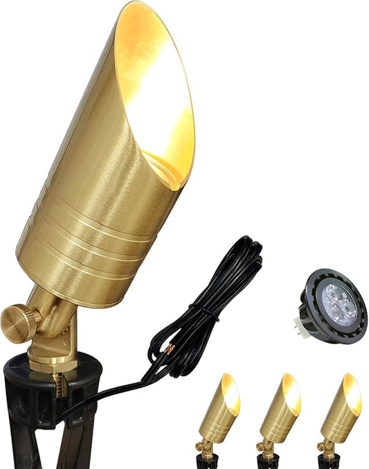 MALORY Brass Landscape Spotlight,12V AC/DC Low Voltage LED Landscape Lighting,Waterproof Spot Up Light for Garden,Patio and Yard (4-Pack with Bulb)