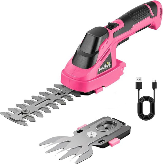 SnapFresh Cordless Grass Shears, 2-in-1 Handheld Hedge Trimmer, 7.2V Electric Grass Trimmer, Lightweight & Portable Hedge Shear with Charger, Shrubbery Trimmer for Garden Yard Lawn(Pink)