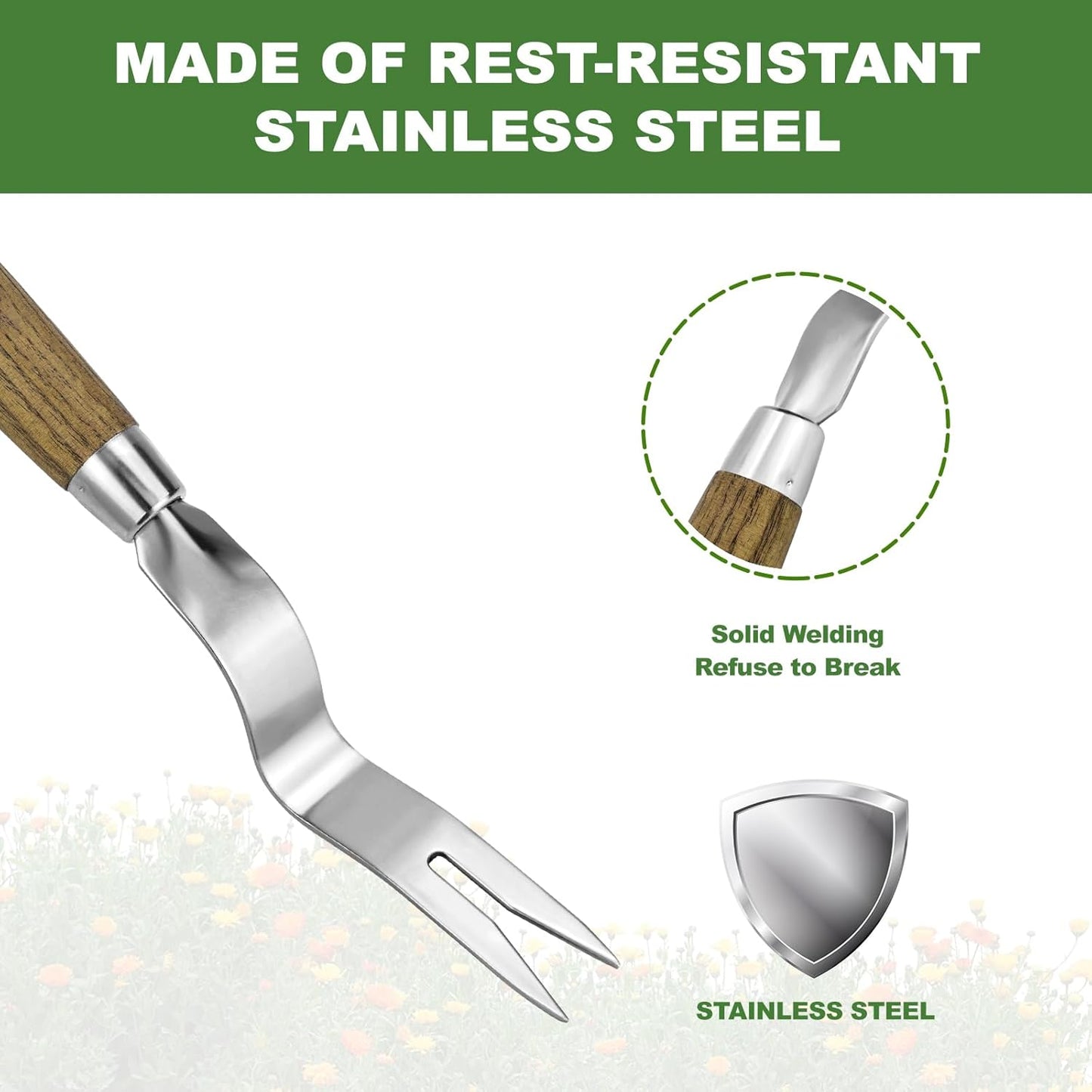 Weed Puller Tool, Hand Weeder with Good Leverage for Easy Pulling Weeds, Heavy Duty Stainless Steel Dandelion Puller Tool, Weed Digger Fork with Comfortable Wood Handle for Removal Dandelion crabgrass