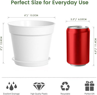 10 Pack 6 Inch Plant Pots with Drainage and Saucers, White Plastic Flower Pots for Indoor and Outdoor Plants, Stackable Nursery Planters for Houseplants and Herbs, White