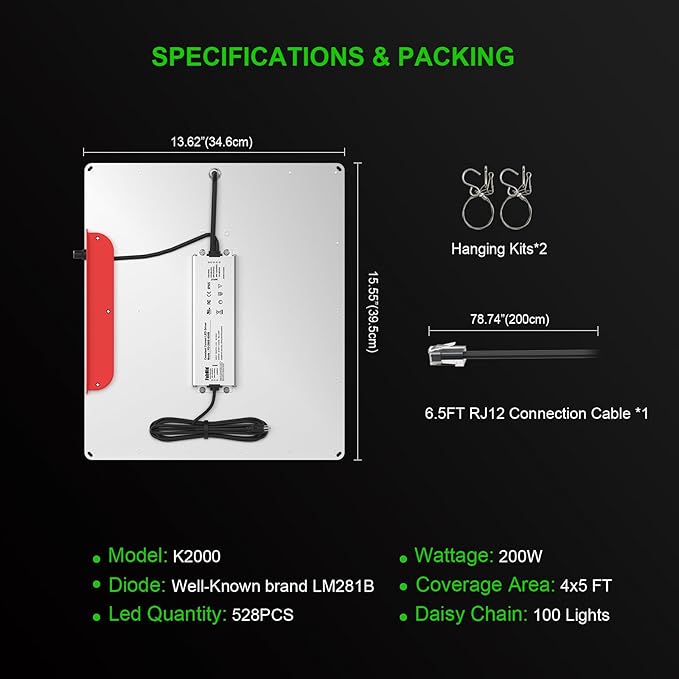 AGLEX 180W Full Spectrum LED Grow Light with UV & IR, 528 LEDs Dimmable, High PPFD, 4x5 ft Coverage, Daisy Chain for Indoor Plant Growing Seeding Starting Veg Flower- K2000
