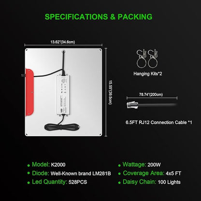AGLEX 180W Full Spectrum LED Grow Light with UV & IR, 528 LEDs Dimmable, High PPFD, 4x5 ft Coverage, Daisy Chain for Indoor Plant Growing Seeding Starting Veg Flower- K2000
