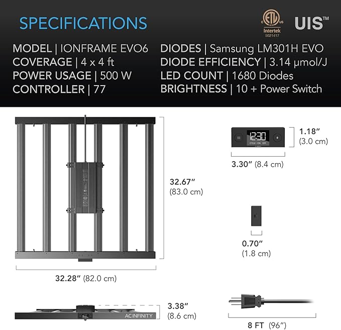 AC Infinity IONFRAME EVO6, Samsung LM301H EVO Bar LED Grow Light 4x4, 1680 Diodes, with Schedule Controller, 500W Full-Spectrum Commercial Plant Lights for Indoor Growing in Grow Rooms & Greenhouses