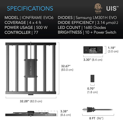 AC Infinity IONFRAME EVO6, Samsung LM301H EVO Bar LED Grow Light 4x4, 1680 Diodes, with Schedule Controller, 500W Full-Spectrum Commercial Plant Lights for Indoor Growing in Grow Rooms & Greenhouses