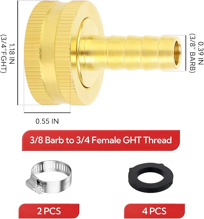 2Pcs 3/8 Barb to 3/4 GHT Female Thread Brass Garden Hose Pipe Connector, Hose Swivel Adapter for Garden Hose Repair