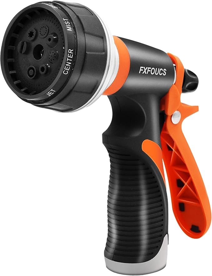 Garden Hose Nozzle Sprayer– this high heavy-duty spray nozzle offer 8 watering patterns for watering plants, lawns & gardens, washing cars, household cleaning and showering pets. (Dark Orange)