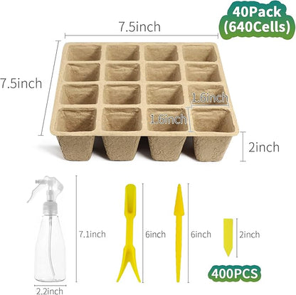 640Cells Seedling Start Trays,40 Pack Peat Pots Seedling Pots Biodegradable,Seedling Starter Kit,Organic Germination Plant Starter Trays