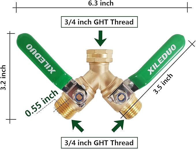 Garden Hose Splitter 2 Way,Brass Water Hose Splitter with Stainless Steel Long Handle,Outdoor Full Flow Hose Splitter Connector,Y Valve 3/4 Inch GHT Thread