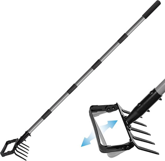 Suchtale 82 Inch Stirrup Hoe and 5-Tines Rake, Action Hoe for Weeding, 2 in 1 Scuffle Hoe with 37-82"Adjustable Handle, Hula Hoe Cultivator for Loosening Soil, Loop Hoe for Garden Weeding and Planting