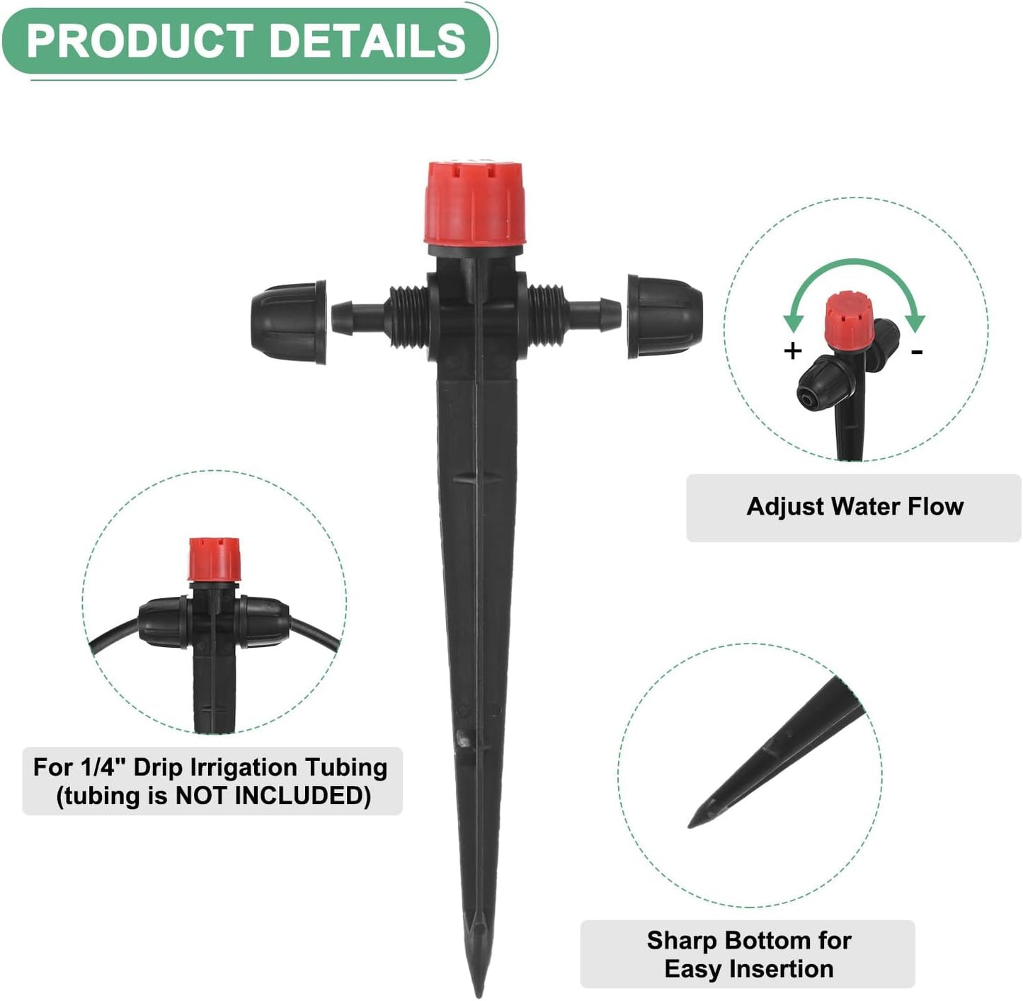 30-Pack Drip Irrigation Emitters Sprayers, Drippers on 5"/13mm Stake Adjustable 360 Degree Water Flow 8 Holes for 1/4" Drip Irrigation Tubing for Watering System [Red, Drip]