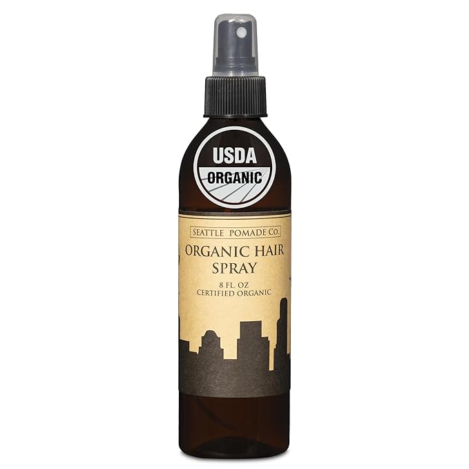 Seattle Pomade Co. Certified Organic Hair Spray made with Organic Aloe and Acacia Fiber. Strengthens & Lightly Holds Hair. Globally sourced certified organic materials.
