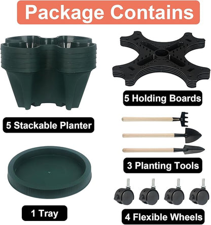Vertical Planter 5 Tier Stackable Planters Garden Planters Strawberry Herb Flower and Vegetable Planter Indoor Outdoor Gardening Pots with Removable Wheels and Tools