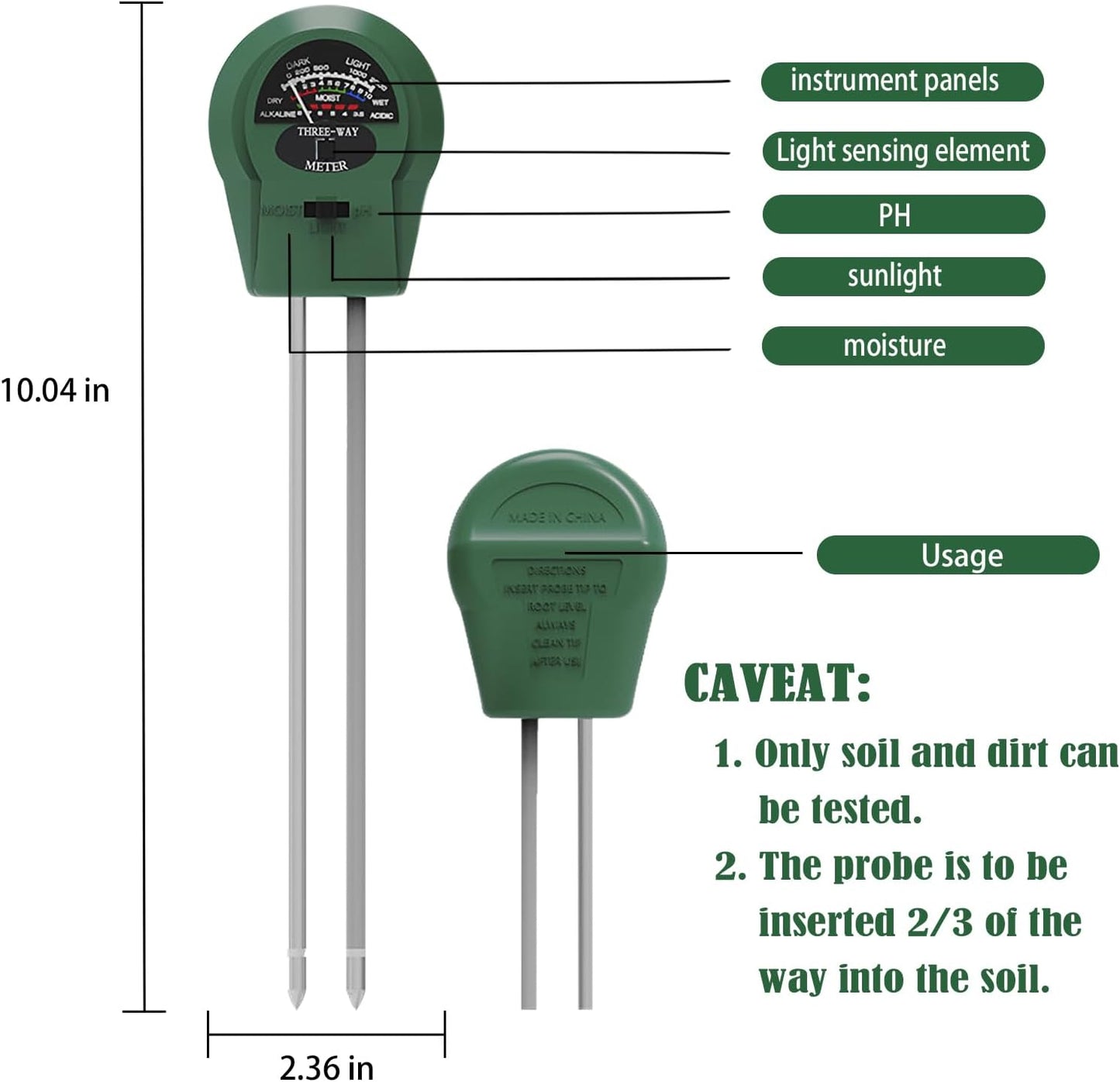 3-in-1 Soil pH Meter - Moisture, Light, and pH Tester for Garden, Lawn, Farm, Indoor & Outdoor Plant Care, Green