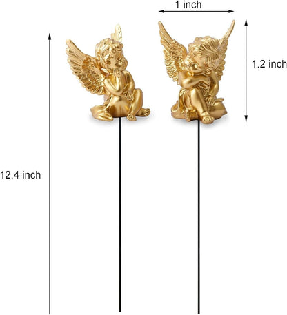 OwMell Set of 2 Decorative Angel Garden Stakes, Small Angel Fairy Garden Angel Ornaments, Cherub Angel Memorial Statue Flower Pot Decorations - Gold
