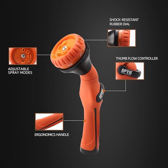 SPTA Hose Nozzle Heavy Duty, Metal Water Hose Sprayer for Garden, 8 Spray Patterns, High Pressure, Thumb Flow Control, On/Off Valve, Ideal for Outdoor Lawn & Plant Watering, Car & Pet Washing