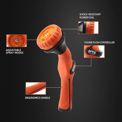 SPTA Hose Nozzle Heavy Duty, Metal Water Hose Sprayer for Garden, 8 Spray Patterns, High Pressure, Thumb Flow Control, On/Off Valve, Ideal for Outdoor Lawn & Plant Watering, Car & Pet Washing