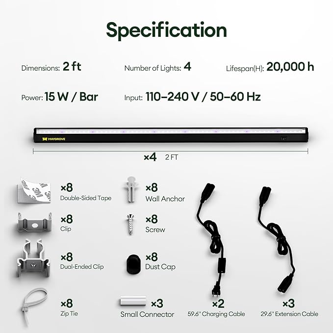 Plant Grow Lights 2FT, Blue-Rich Full Spectrum 5000K, 60W(4 x 15W), T5 LED Grow Light Strips for Indoor Plants and Succulents, High PPFD, Linkable, Black, 4-Pack