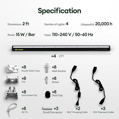 Plant Grow Lights 2FT, Blue-Rich Full Spectrum 5000K, 60W(4 x 15W), T5 LED Grow Light Strips for Indoor Plants and Succulents, High PPFD, Linkable, Black, 4-Pack