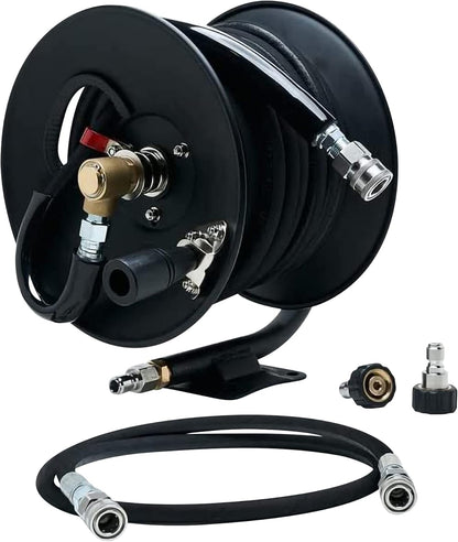 MTM Hydro Pressure Washer Hose Reel Kit, Metal Heavy-Duty Hand Crank Wall Mounted, Commercial Grade with Kobrajet Black Hose High Pressure 3/8” 4000 PSI 100’ Commercial Grade
