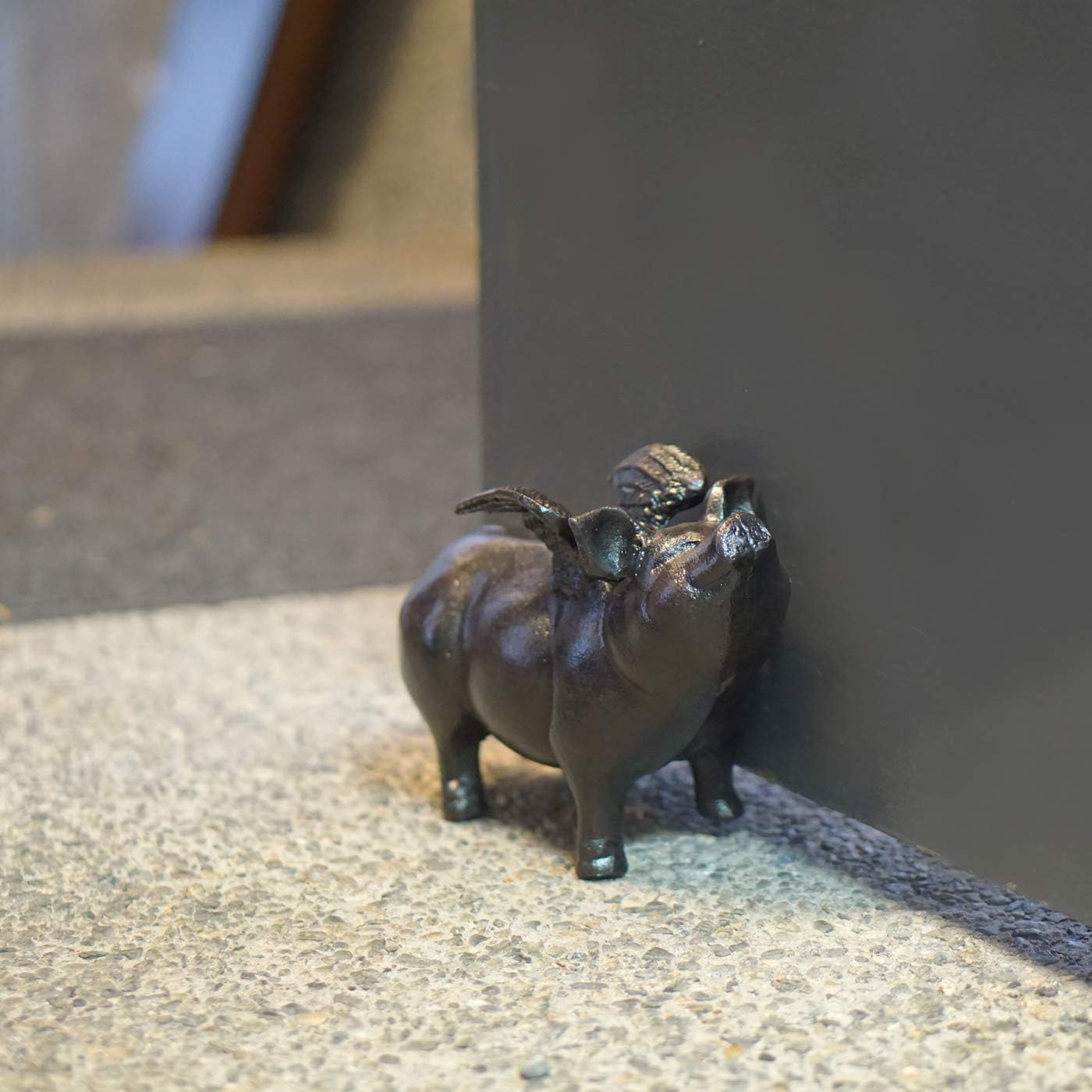 NACH Cast Iron Pig Statue - Black Door Stopper & Paperweight, 9x4x6 inch, JS-90-7131