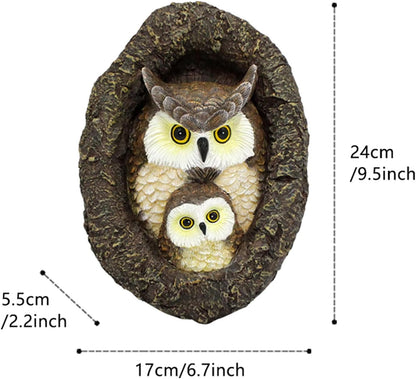 Owl Garden Statues Outdoor Decor, Fake Owl Mum and Baby Decoy to Scare Birds Away, Tree Face Decor Resin Figurine Sculpture Garden Peeker Yard Art Decoration for Patio Housewarming Gifts
