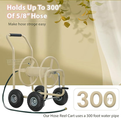 Garden Hose Reel Cart with Wheels Garden Lawn Water Truck Water Planting Cart Heavy Duty Outdoor Yard Water Planting Holds 300-Feet of 5/8-Inch Hose with Storage Basket, Tan
