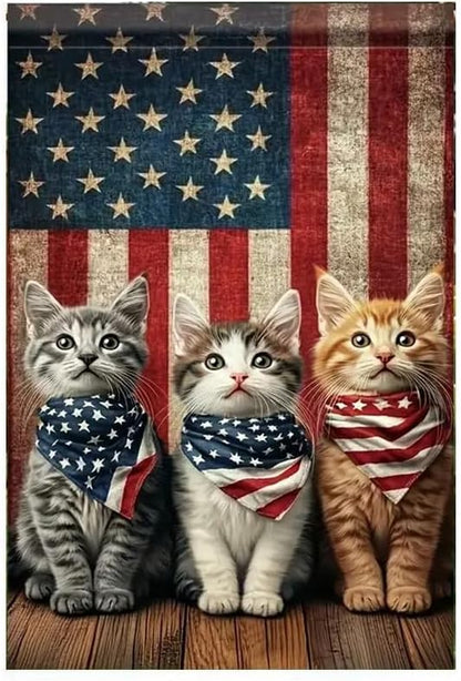 Patriotic Stars and Stripes Garden Flag 12x18 Inch Double Sided Outside, USA 4th of July Memorial Day Independence Day Watercolor Yard Outdoor Decoration(cat)