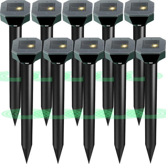 Snake & Mole & Rabbit & Skunk Repellent Solar Powered, 2025 Upgraded Ultrasonic Deterrent, IP65 Waterproof, Gopher Groundhog Chipmunk Raccoon and Vole Repellent & Deterrent for Lawn & Garden, 10 Pack