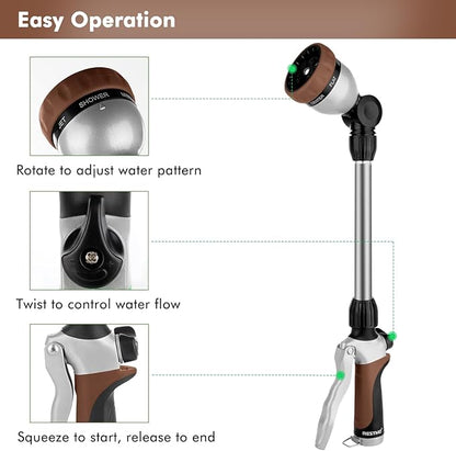 RESTMO Metal Watering Wand, Heavy Duty Garden Hose Wand with 180° Swivel Ratcheting Head, 16'' Hose Nozzle Sprayer with 7 Spray Patterns and Flow Control, for Water Hanging Baskets and Shrubs, Brown