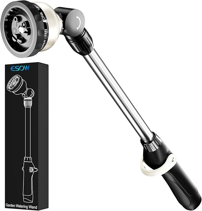 ESOW Garden Hose Watering Wand, 16 Inches Sprayer Wand, 9 Watering Patterns 180° Adjustable Swivel Head, Ergonomic Handle with One Touch Valve Perfect for Watering Plants, Car Wash and Showering Dog