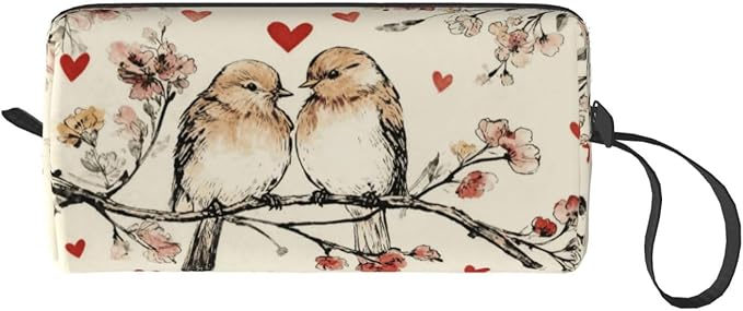 Vintage Lovebirds Floral Hearts Makeup Bag Organizer Compact & Durable Birds Travel Cosmetic Bag Oxford Fabric Impact-Resistant Multi-Purpose Storage Perfect for Travel, Gym, Daily Use