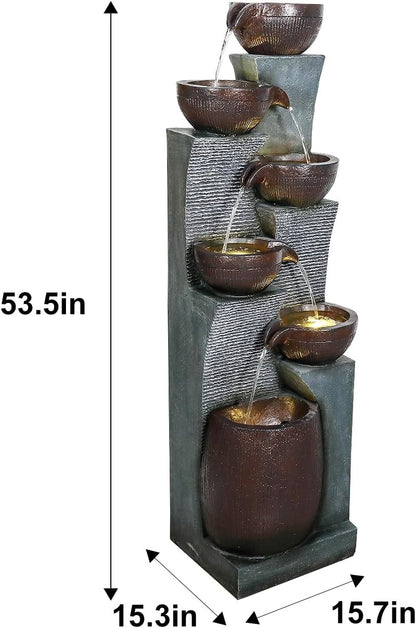 53.5in High Outdoor Indoor Water Fountain, 6-Tiered Poly-Resin Waterfall Fountain with LED Lights, Decorative Floor Standing Fountain for Garden, Patio, Yard, Home Decor