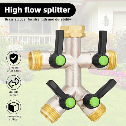 EJW 4 Way Hose Splitter, Heavy Duty Brass Garden Hose Splitter, outdoor faucet Divider 3/4" GHT Thread, Water Hose Splitters,Garden High Flow Hose Splitter,Garden Hose Adapter Connector.