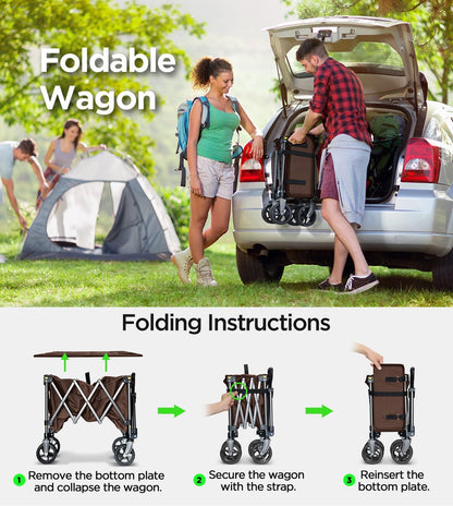 Beach Wagon,CollapsibleWagon 220lbs with Big Wheels Foldable Wagon Carts,Portable Utility for Garden Grocery Sports Camping All Terrain-Khaki