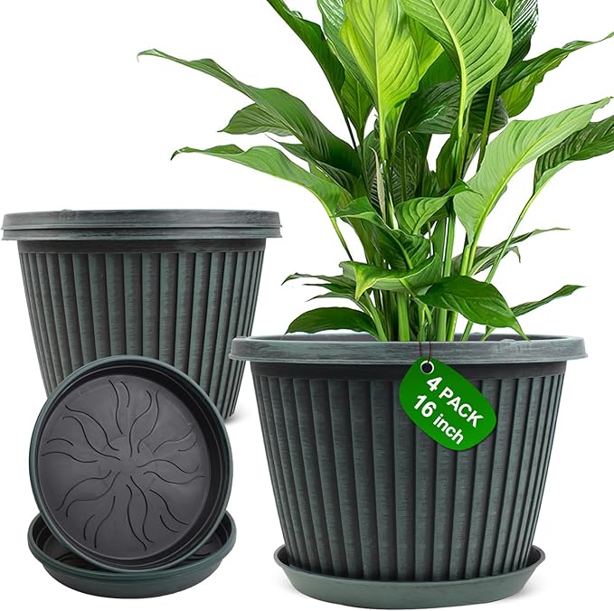 Large-Planter-Indoor-Outdoor Plant Pots, 16 inch 4 Pack Plastic Flower Pots with Saucer And Drainage Holes, Modern Garden Planters For Planting Medium Large Plants， Decorative Resin Garden Pots