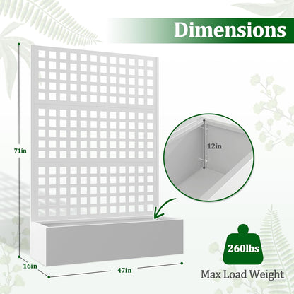 Metal Raised Garden Bed with Trellis, 2 in 1 Trellis with Planter Box & Privacy Screen for Climbing Plants, Vine, Outdoor Standing Flower Beds with Drainage Holes, 47.2"L x 16.7"W x 70.8"H, White