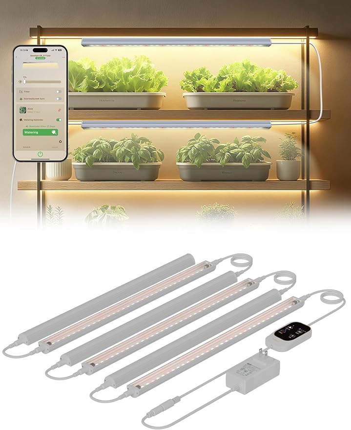 Smart Grow Light for Indoor Plants,3500K Full Spectrum LED Plant Light Strips with 3/9/12H Auto Timer,Stepless Dimming,Modular Design，Plug and Play (White, 6 Pack 48W)