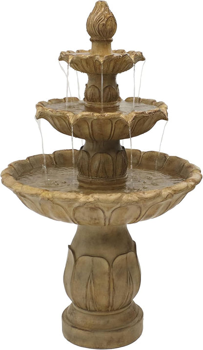 Sunnydaze Classic Tulip 3-Tier Electric Water Fountain - 46-Inch - with Electric Submersible Pump for Patio, Yard or Deck - Garden Stone