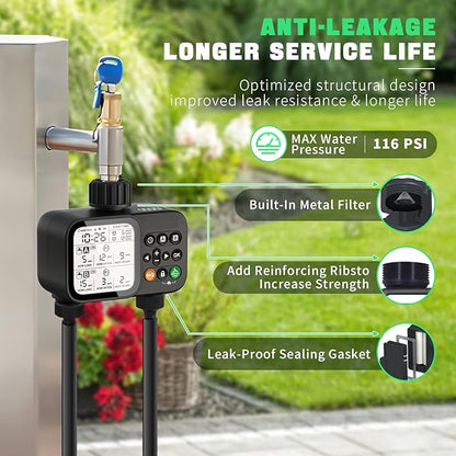 2 Zone Sprinkler Timer for Garden Hose, 8 Programmable Hose Water Timer with Auto Rain Delay, 3.3“ Large LCD Display Digital Irrigation System for Plant, Yard, Lawns, Outdoor